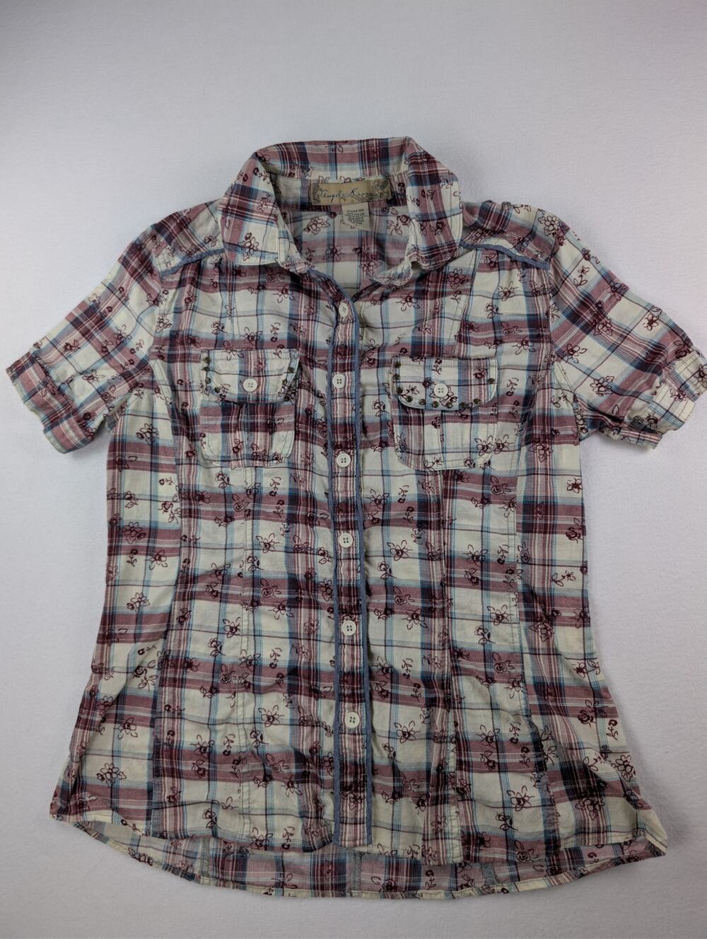 Angel Kiss Y2K Plaid Floral Button Up Shirt Women’s L Cottagecore
